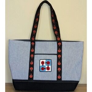 Braciano Tote Bag Needlepoint Ladybug Canvas Stripe Polkadot Embroidery Footed